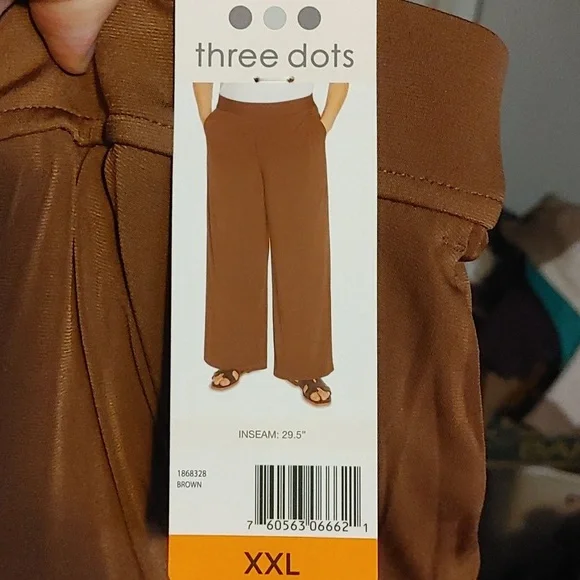 NWT Three Dots Women's Pull-On wide leg brown Pant - Picture 8 of 8